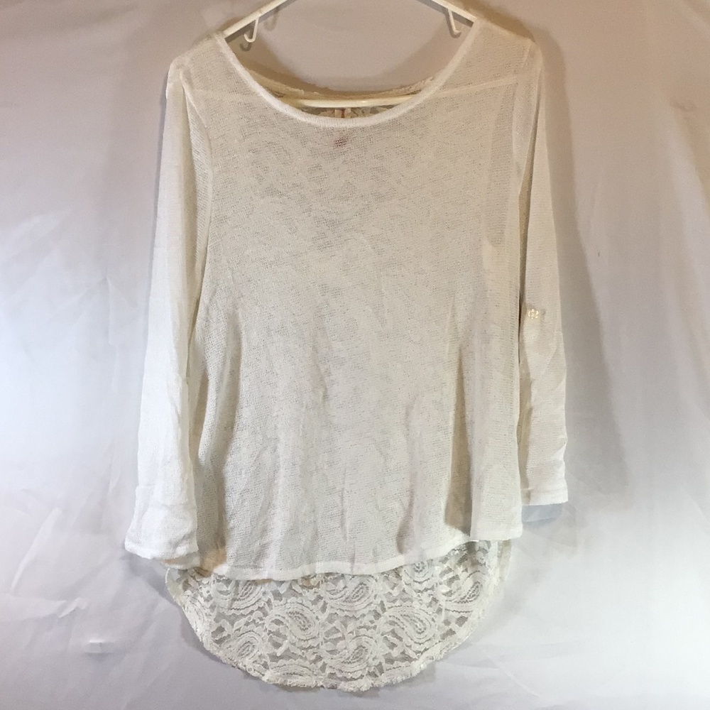 No Boundaries Ivory Lace Back High Low Knit Top L • Boho Sheer Layering Shirt